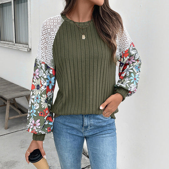 Damen Gerippter Pullover mit Häkel‑Schultereinsatz und floralen Ballonärmeln Nord Taschen