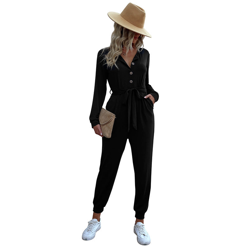 Damen Lässiger Einteiler-Jumpsuit mit Knopfleiste, Bindegürtel und Rippbündchen Nord Taschen