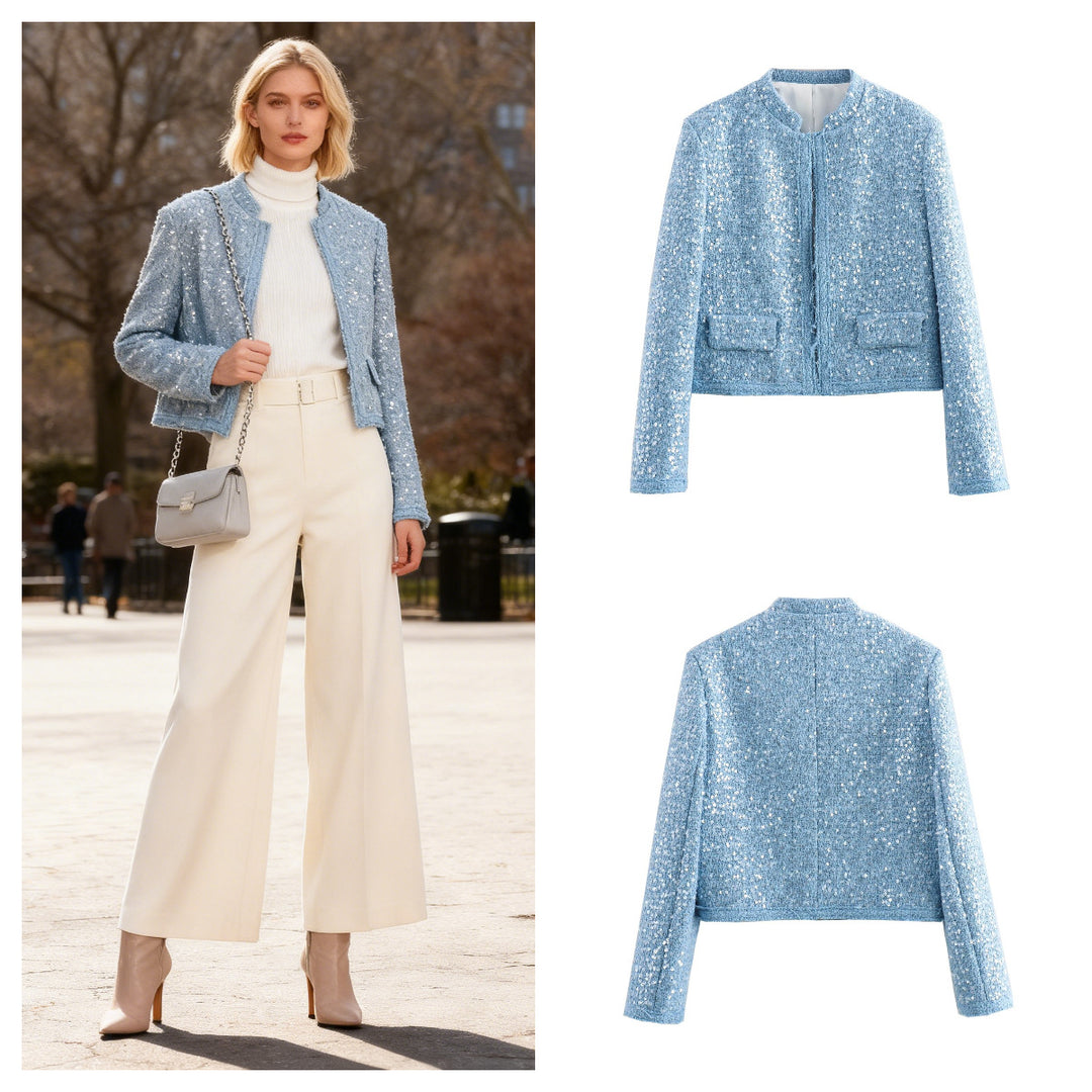 Damen Kurz geschnittene Bouclé‑Tweed Jacke mit Paillettenbesatz und Pattentaschen Nord Taschen