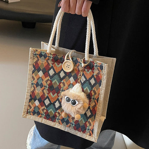 Damen modische Jute-Tragetasche mit buntem Grafikdesign Nord Taschen