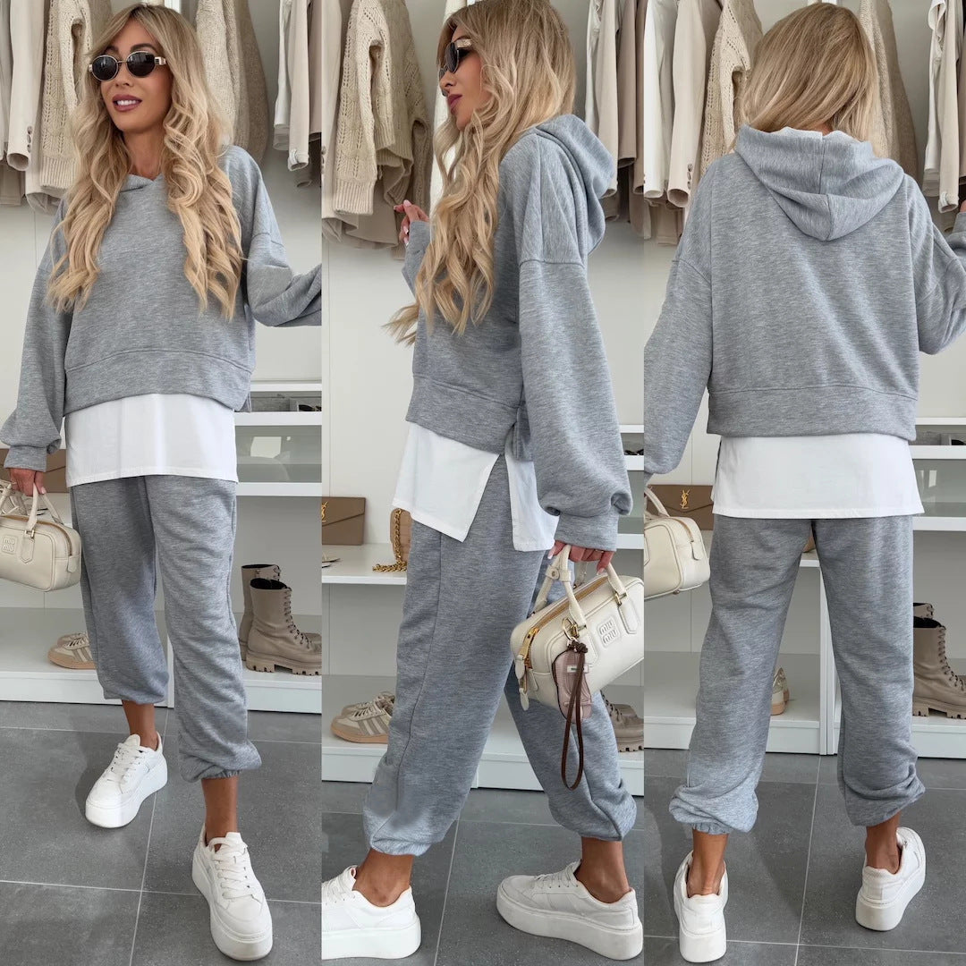 Damen Cropped-Hoodie-Lounge-Set mit asymmetrischem Saum, voluminösen Raglanärmeln und gekrempelter Jogginghose Nord Taschen