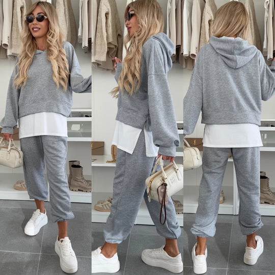 Damen Cropped-Hoodie-Lounge-Set mit asymmetrischem Saum, voluminösen Raglanärmeln und gekrempelter Jogginghose Nord Taschen