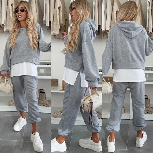 Damen Cropped-Hoodie-Lounge-Set mit asymmetrischem Saum, voluminösen Raglanärmeln und gekrempelter Jogginghose Nord Taschen