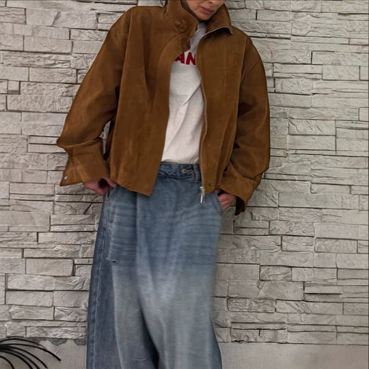 Damen Oversize Veloursleder-Blouson mit hohem Stehkragen und Metallreißverschluss Nord Taschen