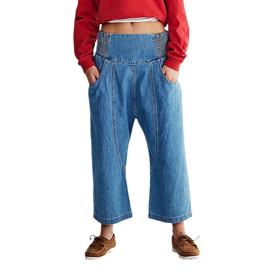 Damen lässige Loose-Fit Jeans mit elastischem Bund und geräumigen Taschen