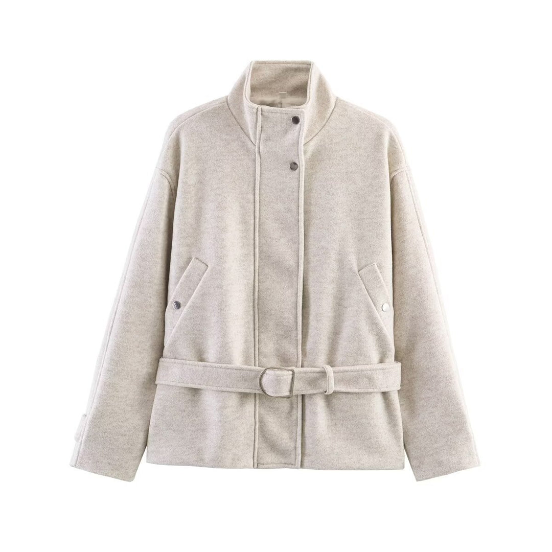 Damen Gekürzte Wollmix-Jacke mit Stehkragen, Taillengürtel und Druckknopfverschluss Nord Taschen