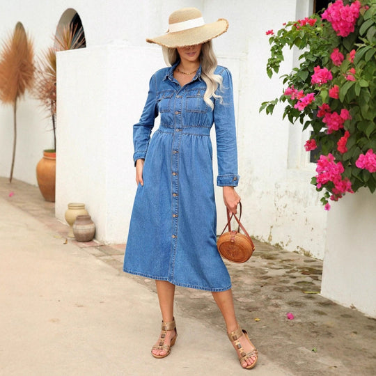 Damen Denim-Midikleid mit Knopfleiste, taillierter Passform und Brusttaschen Nord Taschen