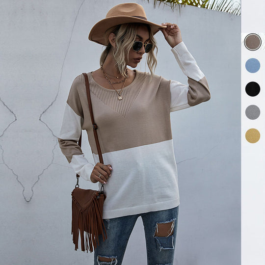 Damen Lockere Strickpullover im Blockmuster mit V‑Ajour‑Detail Nord Taschen