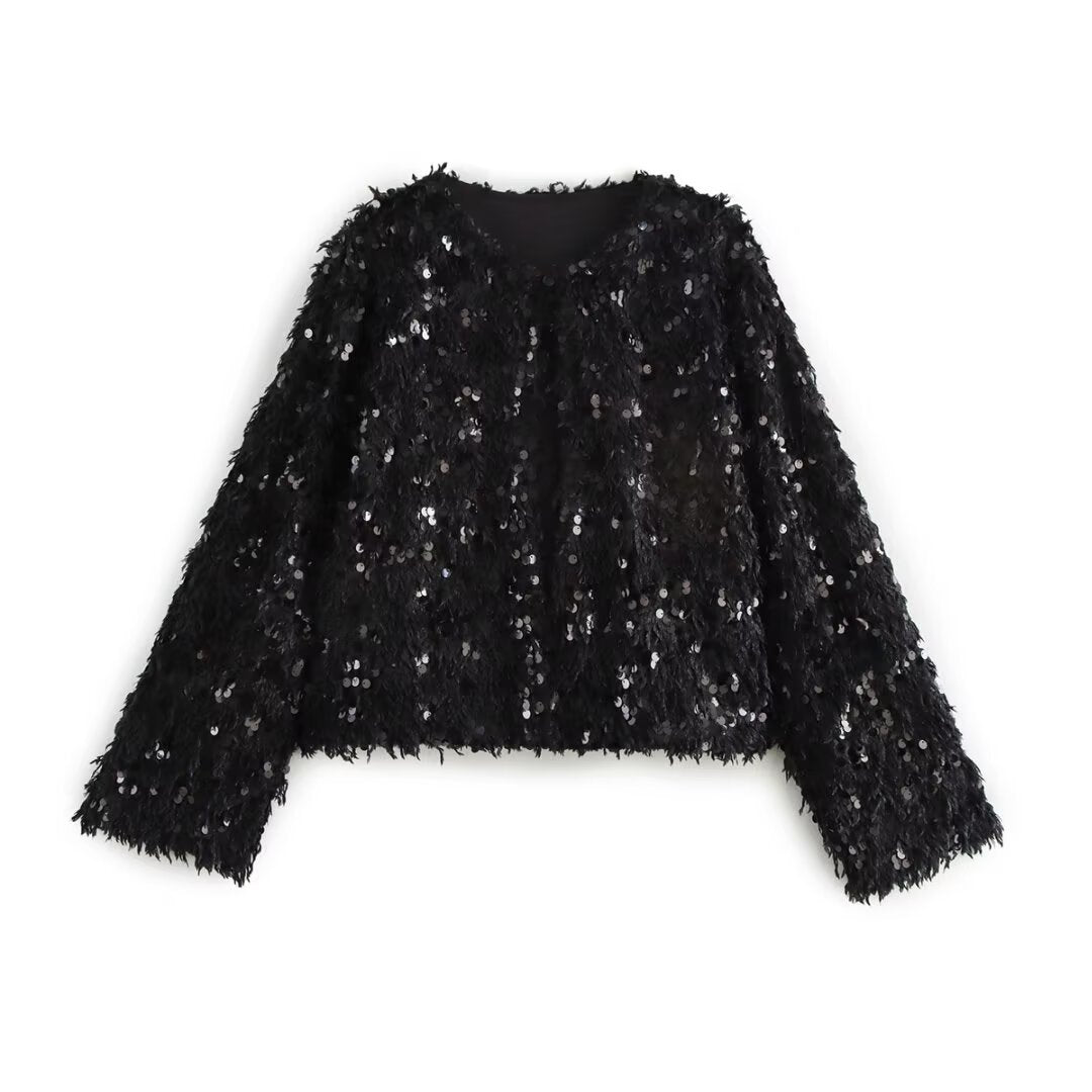 Damen Cropped‑Jacke aus flauschigem Faux‑Fur mit Paillettenbesatz Nord Taschen