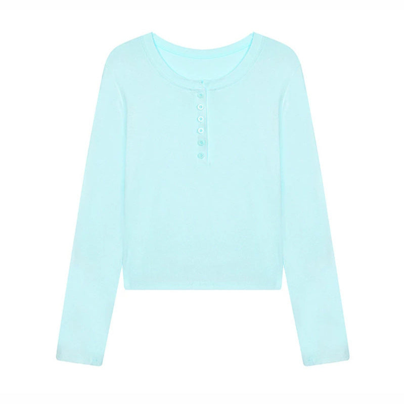Damen Kurz geschnittenes Henley Langarmshirt aus Baumwolljersey mit Knopfleiste Nord Taschen