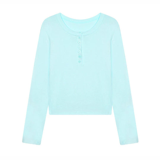 Damen Kurz geschnittenes Henley Langarmshirt aus Baumwolljersey mit Knopfleiste Nord Taschen