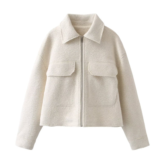 Damen Kurz geschnittene Bouclé‑Jacke mit durchgehendem Reißverschluss und Pattentaschen Nord Taschen