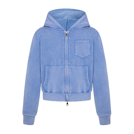 Damen Kurz geschnittene Kapuzen-Zipjacke aus garment-dyed Baumwollfleece mit Brusttasche Nord Taschen