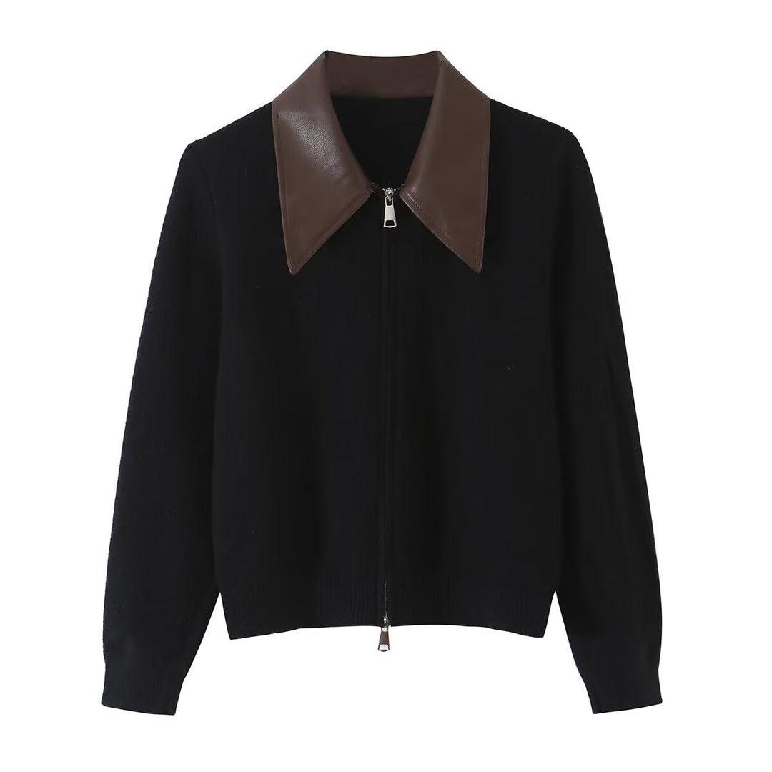 Damen Kurzer Wollmix-Cardigan mit Reißverschluss und kontrastierendem Kunstlederkragen Nord Taschen