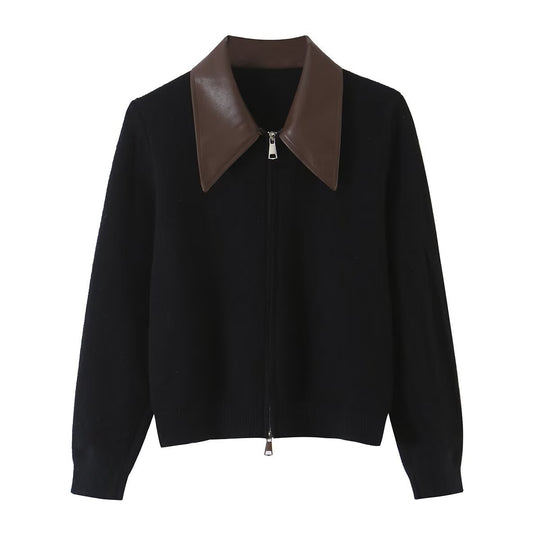 Damen Kurzer Wollmix-Cardigan mit Reißverschluss und kontrastierendem Kunstlederkragen Nord Taschen
