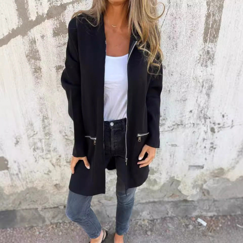 Damen Kapuzen-Longcardigan mit durchgehendem Reißverschluss und Ziertaschen Nord Taschen