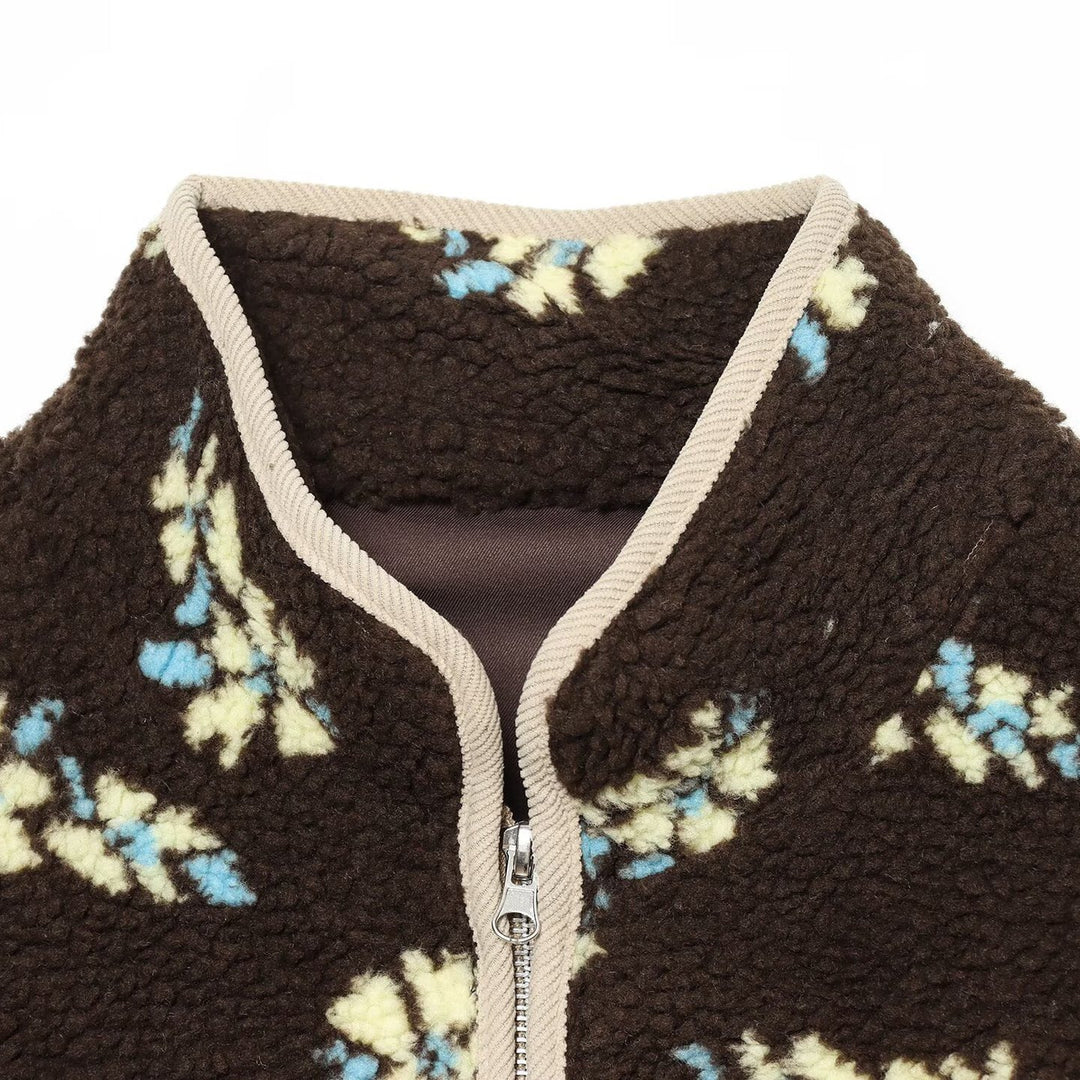 Damen Teddy-Fleecejacke mit floralem Allover‑Muster, Stehkragen und Reißverschluss Nord Taschen