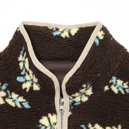 Damen Teddy-Fleecejacke mit floralem Allover‑Muster, Stehkragen und Reißverschluss Nord Taschen