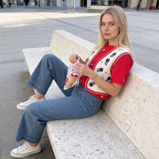 Damen Bestickte Kurz-Weste im Boho‑Chic mit floralen Applikationen Nord Taschen