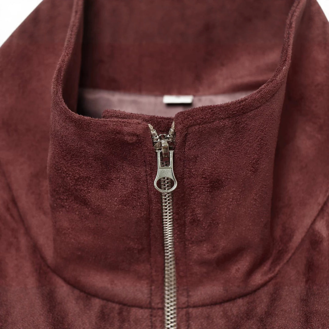Damen kurze Veloursleder-Optik Bomberjacke mit Stehkragen und elastischem Saum Nord Taschen