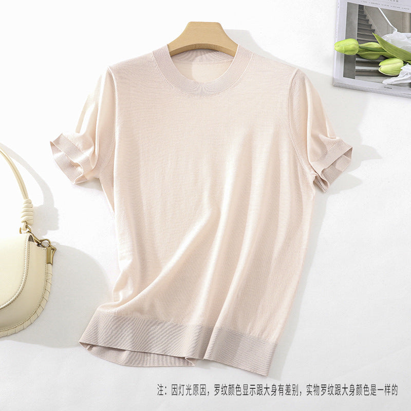 Damen Leichtes Kurzarm-Stricktop aus feinem Jersey mit Rundhals und Saumblende Nord Taschen
