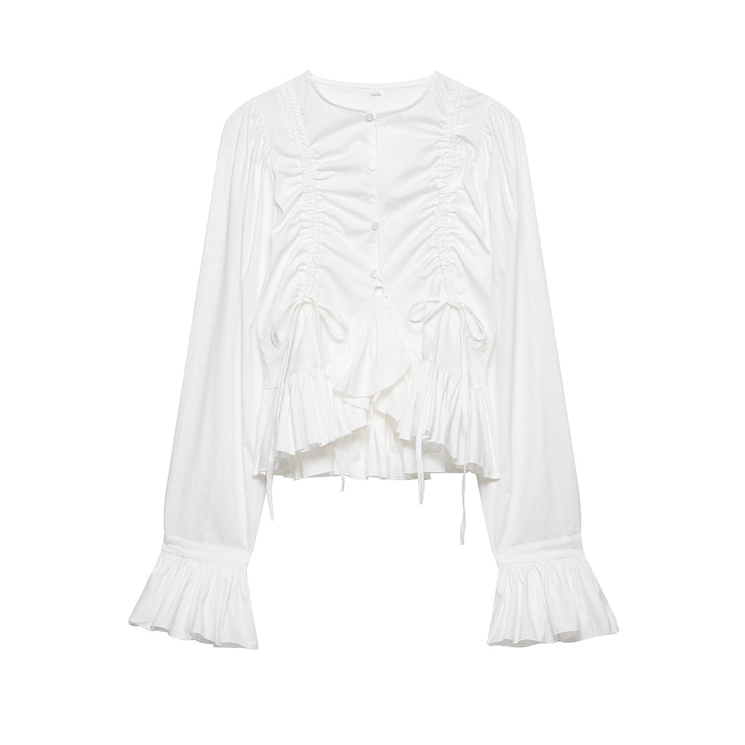 Damen Rüschige Bluse mit Kordelzug, Ballonärmeln und Volant-Saum Nord Taschen