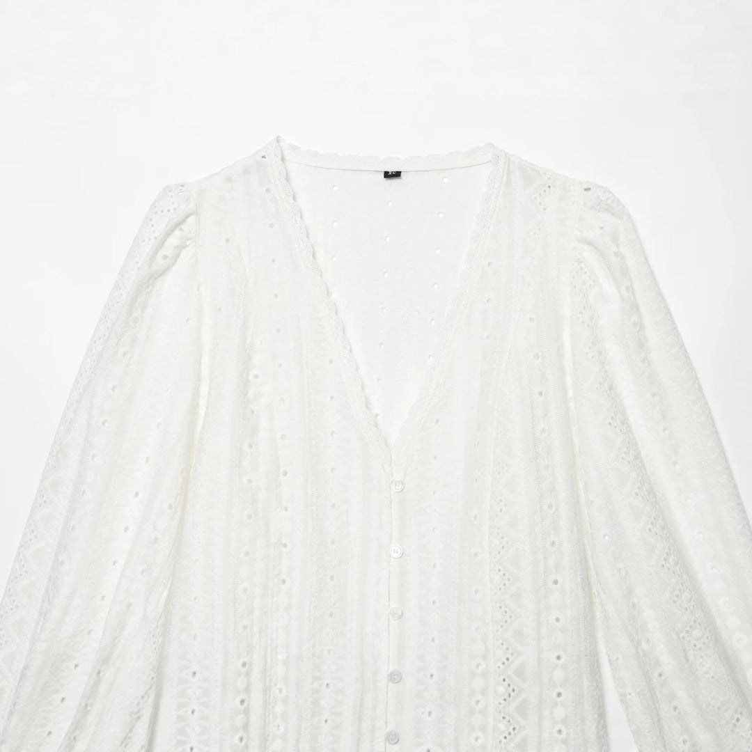 Damen Baumwoll-Spitzen-Cardigan mit V‑Ausschnitt, Knopfleiste und Ballonärmeln Nord Taschen
