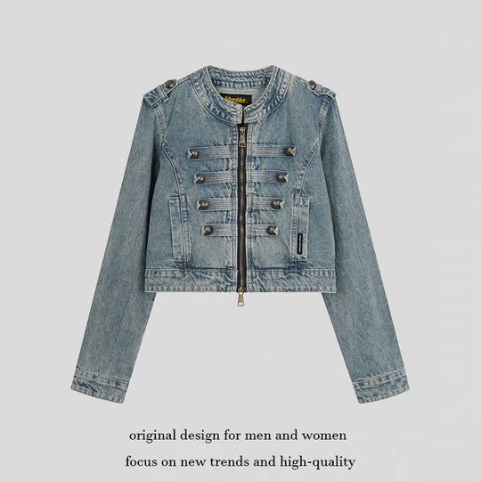 Damen Cropped-Denimjacke im Military‑Stil mit Zierknopfleisten Nord Taschen