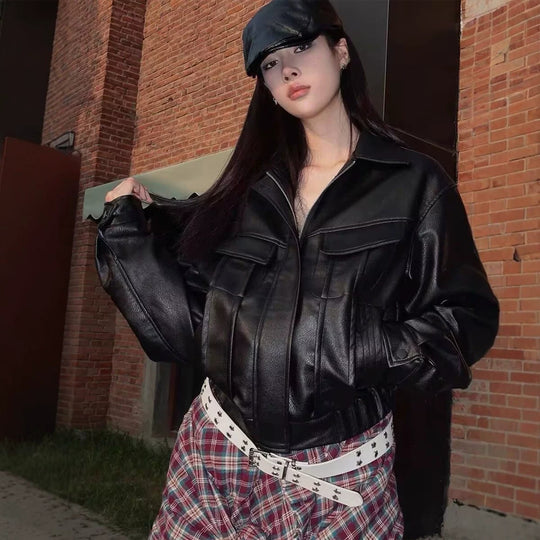 Damen Kurz geschnittene Kunstlederjacke im Boxy Cut mit voluminösen Ballonärmeln Nord Taschen