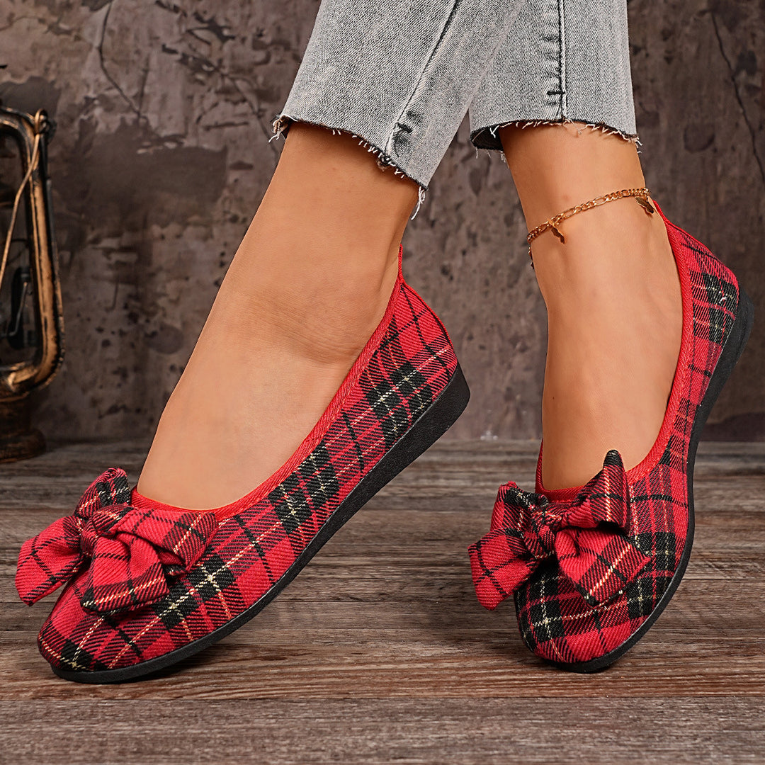 Damen  karierter Ballerina Slipper mit dekorativer Schleife und gepolstertem Komfortfußbett Nord Taschen