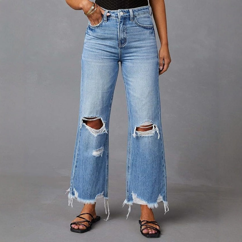Damen hochgeschnittene ausgestellte Destroyed-Jeans mit Knieausfransungen und rohem Saum Nord Taschen