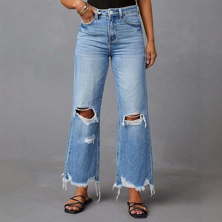 Damen hochgeschnittene ausgestellte Destroyed-Jeans mit Knieausfransungen und rohem Saum Nord Taschen