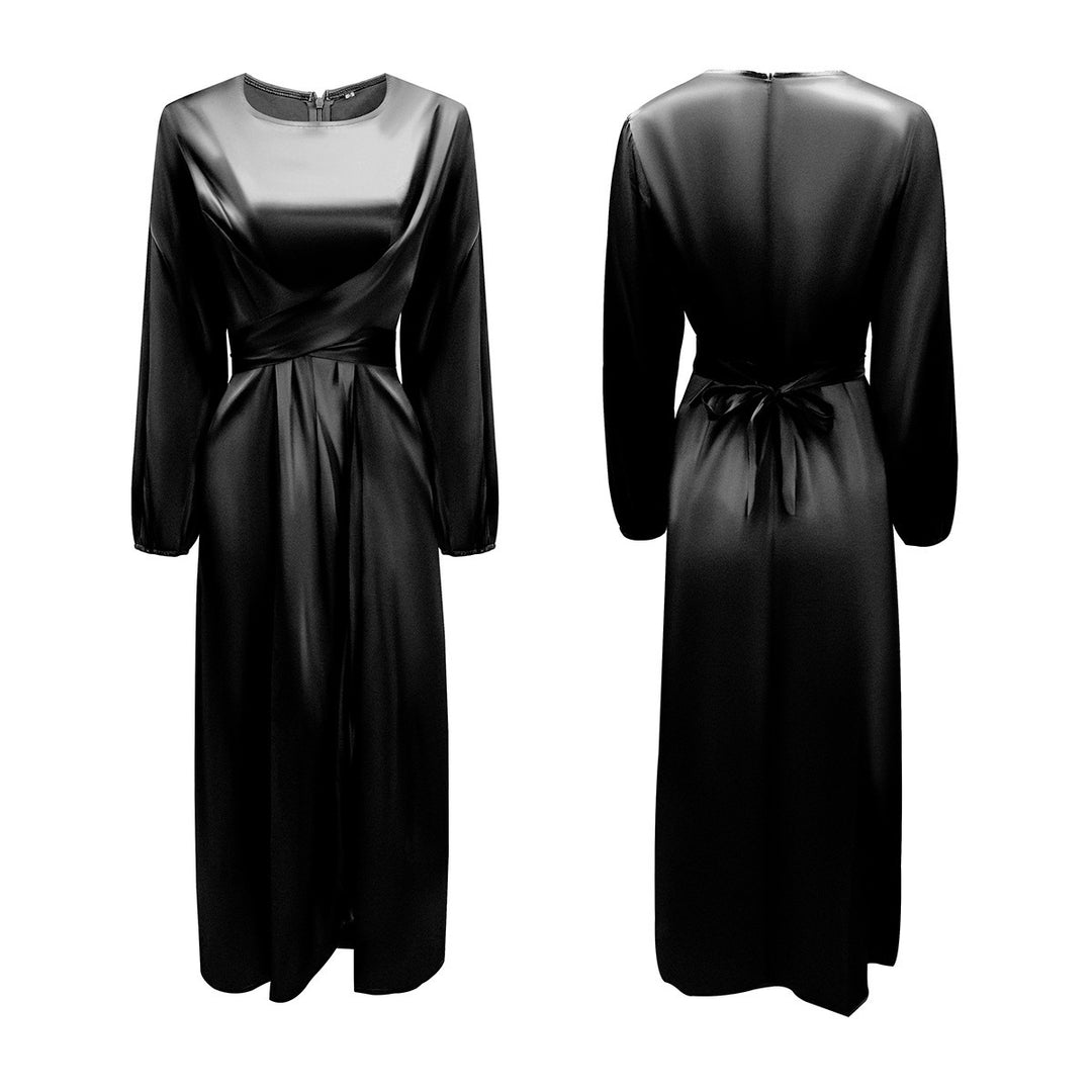 Damen Elegantes Maxikleid aus Satin mit Wickel-Detail, Langarm und Taillenband Nord Taschen