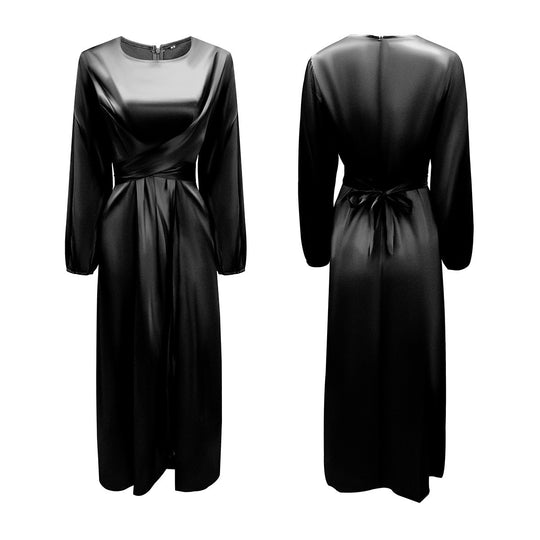 Damen Elegantes Maxikleid aus Satin mit Wickel-Detail, Langarm und Taillenband Nord Taschen