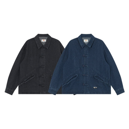 Herren Kurz geschnittene Denim-Chorejacke im Boxy-Blousonstil mit chinesischer Knebelknopfleiste Nord Taschen