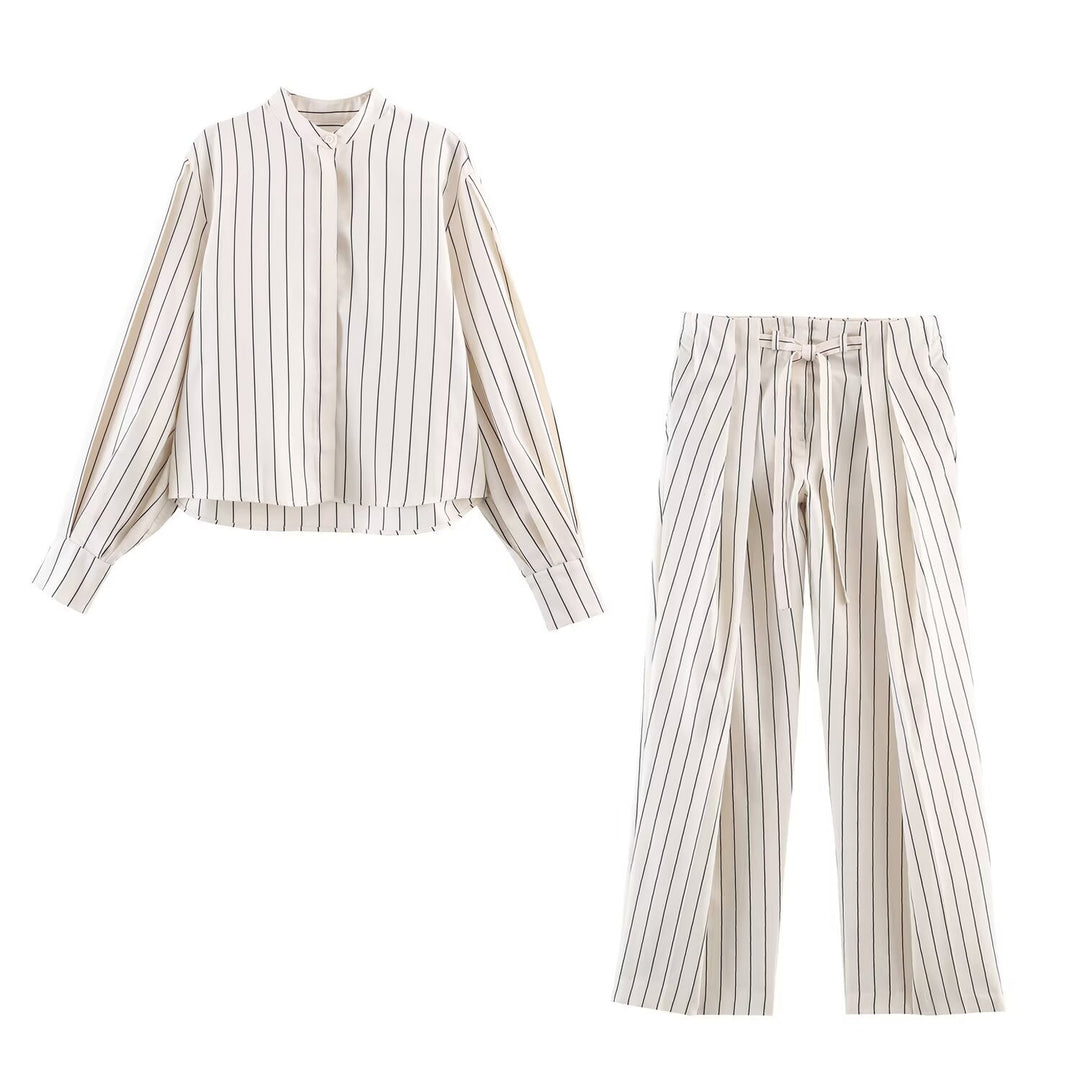 Damen Zweiteiliges Lässiges Nadelstreifen-Set: Stehkragen-Bluse & Weite Highwaist-Hose Nord Taschen
