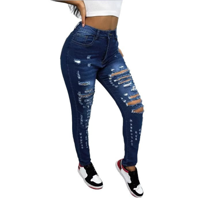 Damen Hochtaillierte Ripped-Skinny-Jeans mit taillenformendem Komfortbund Nord Taschen
