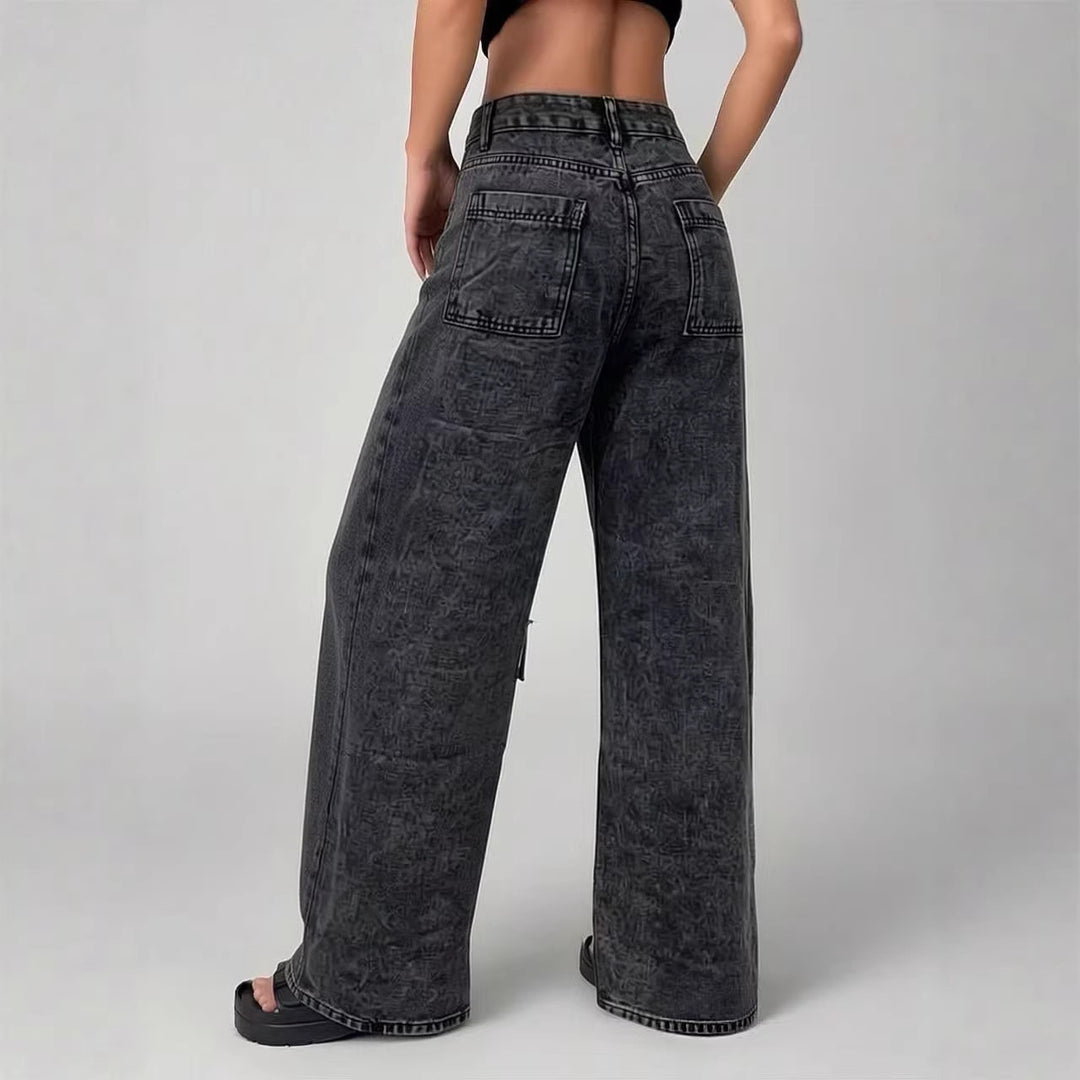 Damen High‑Waist Utility-Denimhose mit aufgesetzten Knie-Patches, Cargo‑Taschen und weitem Schlag Nord Taschen