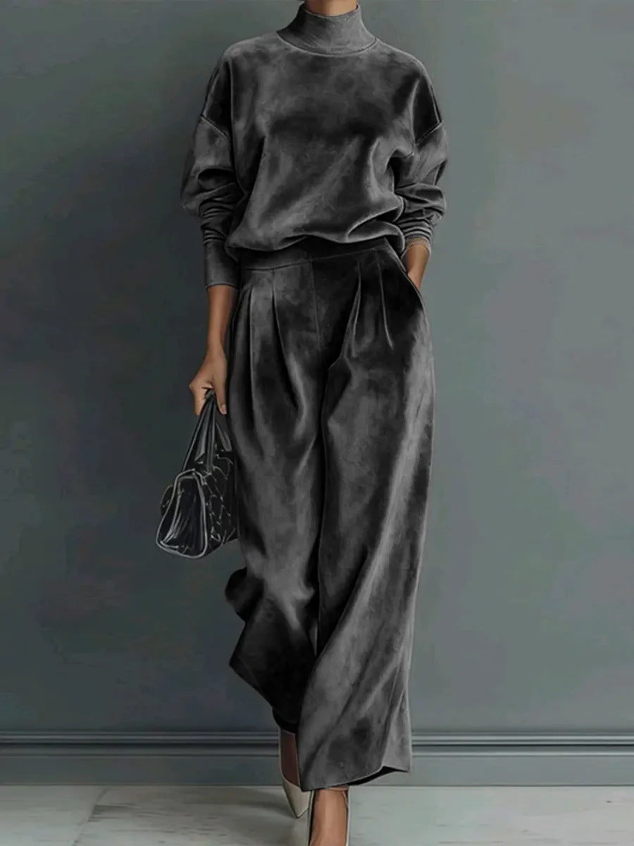 Damen Samt-Lounge-Set mit Rollkragenpullover und weiter Plissee-Hose Nord Taschen