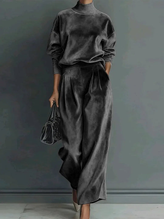 Damen Samt-Lounge-Set mit Rollkragenpullover und weiter Plissee-Hose Nord Taschen