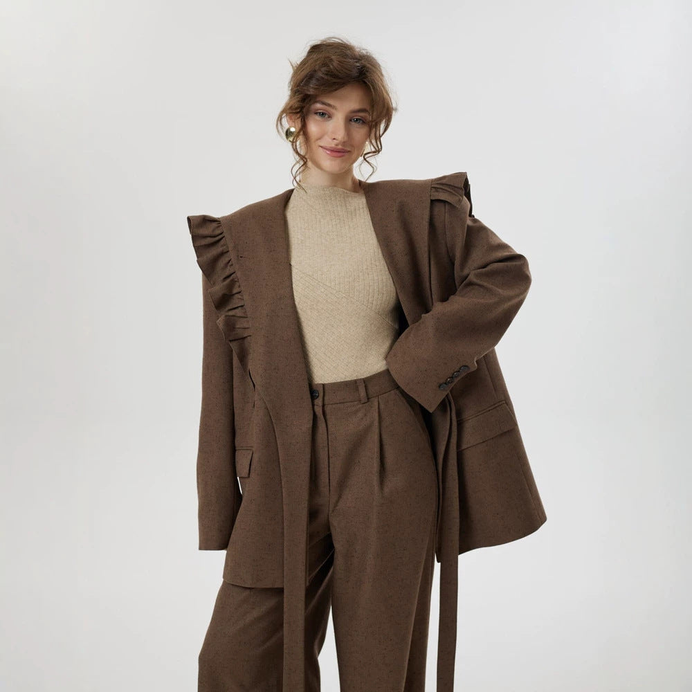 Damen Zweiteiliges Oversize-Blazer-und-Hose-Set mit Volant-Schulter und hoher Bundfalte Nord Taschen
