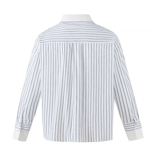 Damen Oversize-Hemdbluse mit Nadelstreifen, Kontrastkragen und Manschetten Nord Taschen