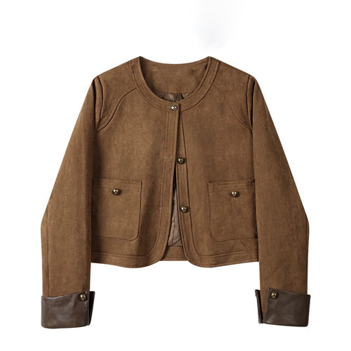 Damen Kurzjacke aus Veloursleder mit Rundhals, aufgesetzten Taschen & Umschlagmanschetten Nord Taschen