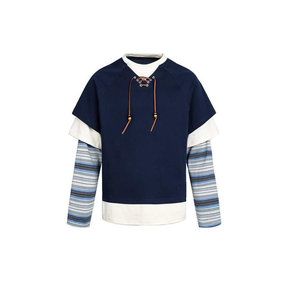 Damen Lagenlook-Sweatshirt mit Schnürung, gestreiften Ärmel-Einsätzen und asymmetrischem Saum Nord Taschen