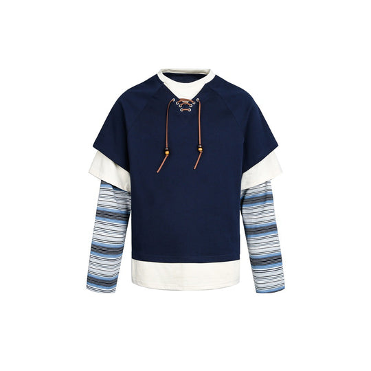 Damen Lagenlook-Sweatshirt mit Schnürung, gestreiften Ärmel-Einsätzen und asymmetrischem Saum Nord Taschen