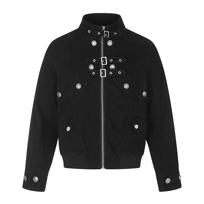 Damen Kurz geschnittene taillierte Bomberjacke mit Stehkragen, Zierschnallen und Pattentaschen Nord Taschen
