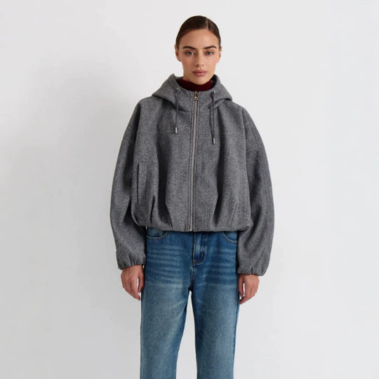 Damen Kurzjacke aus Wollmix mit Kapuze, kastiger Boxy‑Silhouette & gerafftem Saum Nord Taschen