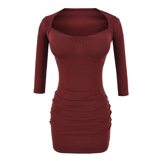 Damen Figurbetontes Midikleid mit eingenähten Cups, weitem Quadrat-Ausschnitt und Raffung Nord Taschen