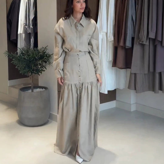 Damen Zweiteiliges Oversize-Hemd und Maxirock-Set mit hoher Taille & durchgehender Knopfleiste Nord Taschen