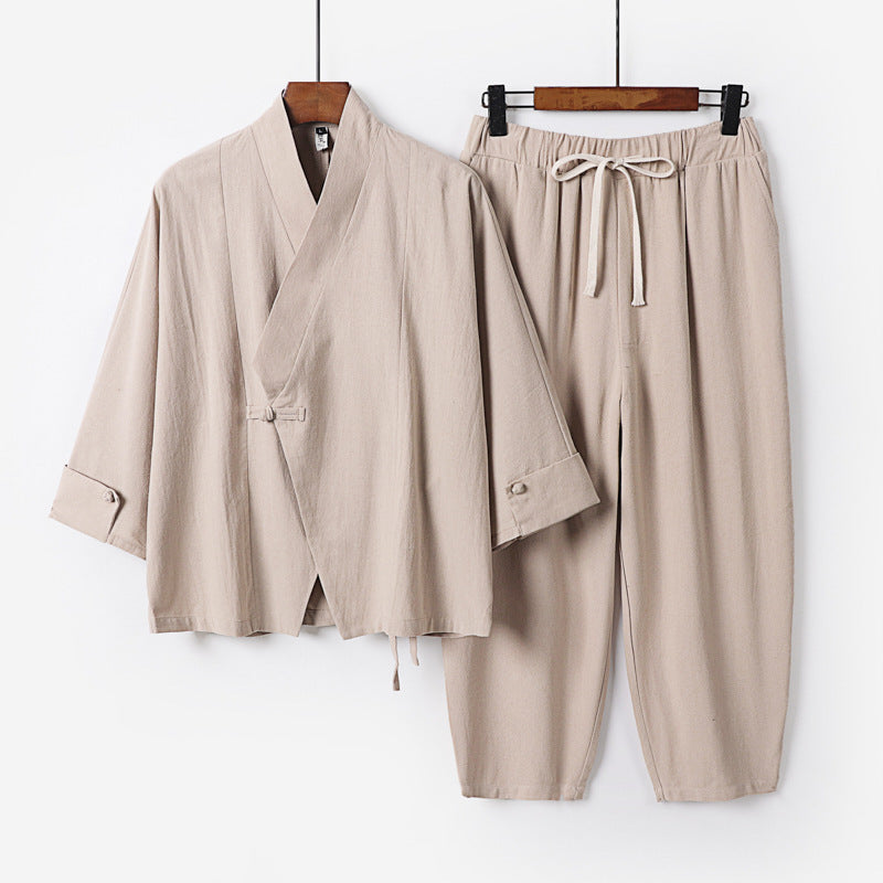 Herren Atmungsaktives Leinen-Baumwoll Lounge-Set mit asymmetrischem V-Kragen und elastischer Kordelhose Nord Taschen